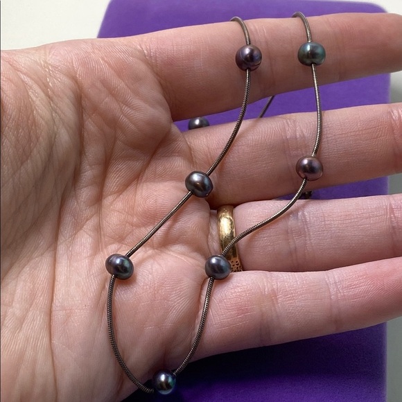 💛 Vintage 925 Silver Black Pearl Station Necklace - Picture 5 of 5